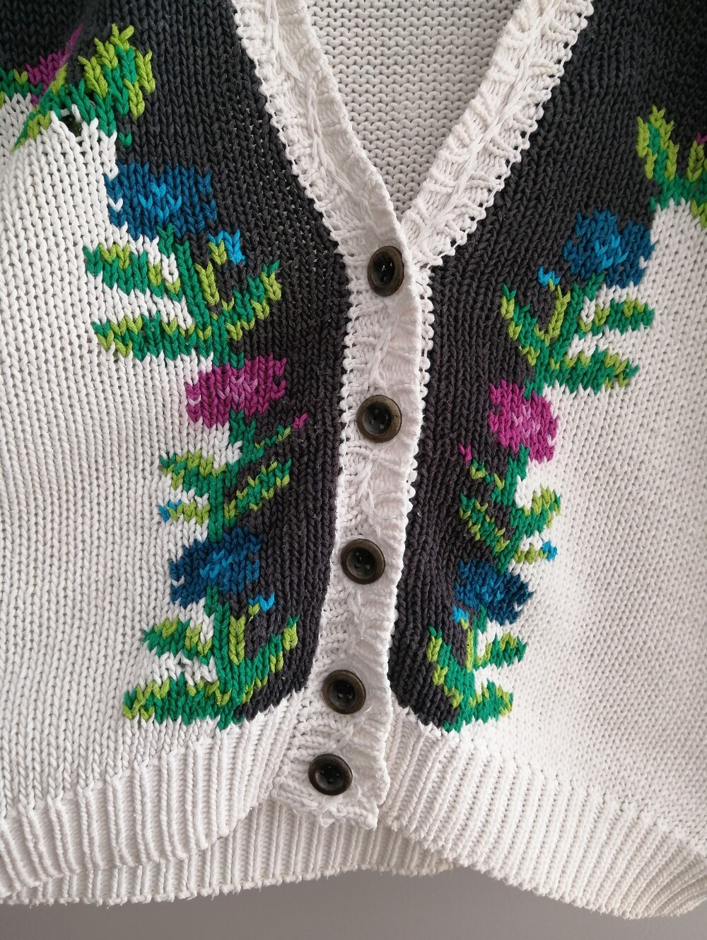 Vintage 90s Jantzen Rose Floral Knit Button Cardigan Cream Colourblock XL - Picture 8 of 17